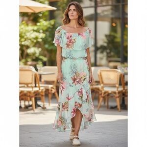 Express Mint Green Floral Print Creped Chiffon HighLow Maxi Dress Size XS